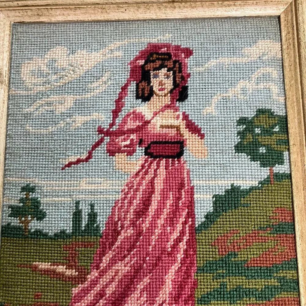 Blue Boy & Pinky Lady Completed Cross Stitch Needlepoint Wooden Frames Vintage